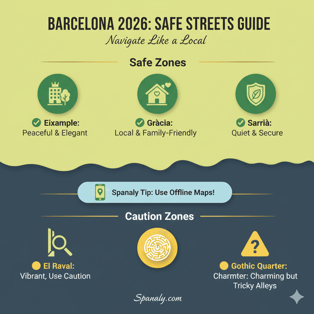 A 2026 Barcelona safe streets guide infographic by Spanaly.com, comparing safe zones like Eixample and Gràcia with caution zones like El Raval and the Gothic Quarter alleys, featuring a tip for using offline maps.