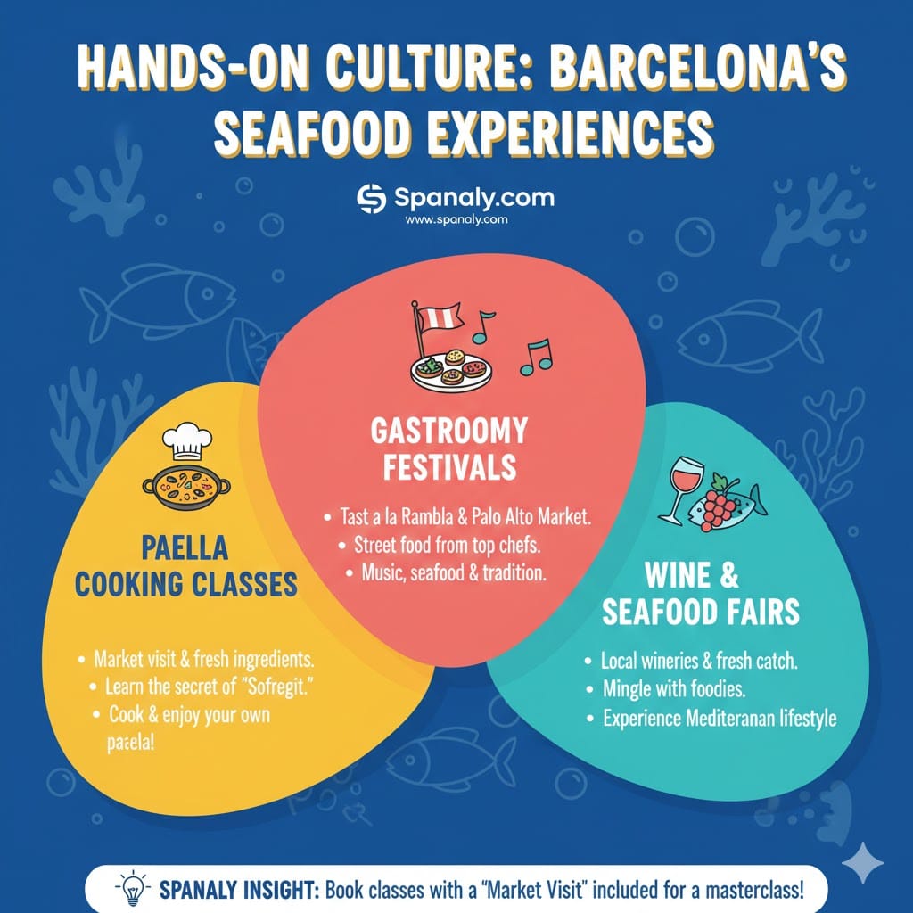 Infographic by Spanaly showcasing immersive seafood experiences in Barcelona, including paella cooking classes, gastronomy festivals, and wine fairs with expert local insights.