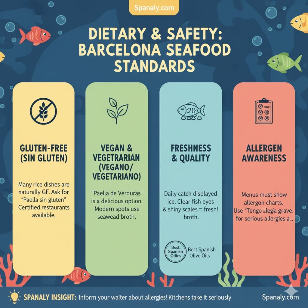Infographic by Spanaly outlining dietary and safety standards for seafood in Barcelona, including gluten-free options, vegan paella, freshness indicators, and allergen awareness.