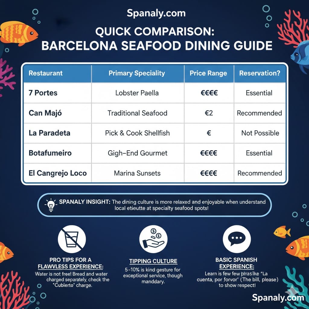 A quick comparison guide infographic by Spanaly for seafood dining in Barcelona, featuring a table of top restaurants like 7 Portes and La Paradeta with pricing, specialties, and pro dining tips.