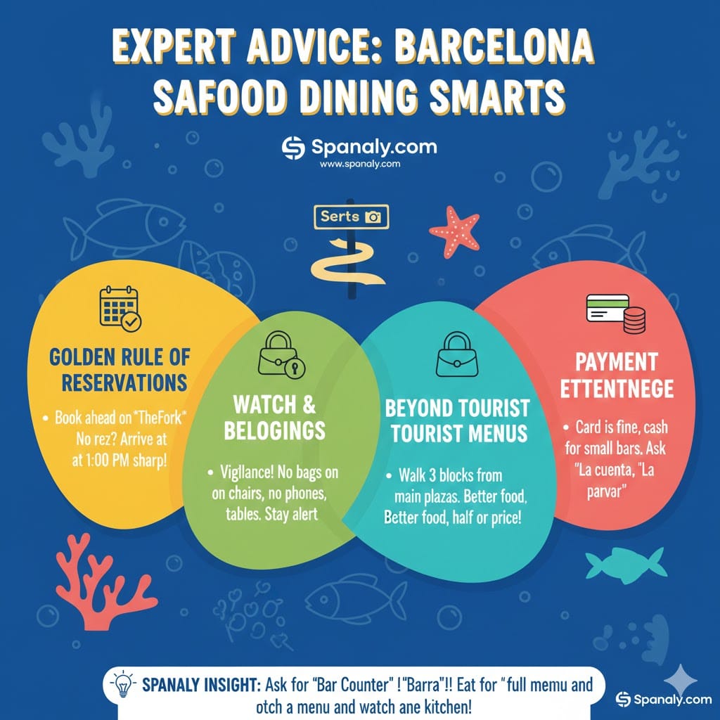 Infographic by Spanaly featuring expert advice for dining in Barcelona, covering the golden rule of reservations, safety tips for belongings, avoiding tourist traps, and payment etiquette.