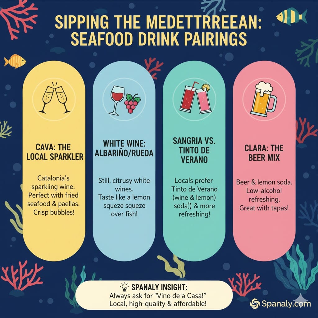 Infographic by Spanaly showcasing perfect drink pairings for seafood in Barcelona, including Cava, Albariño white wine, Tinto de Verano, and Clara beer mix.
