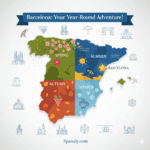 A creative infographic map of Spain for 2026, with Barcelona clearly marked by a star. The map is divided into four seasonal themes (Spring, Summer, Autumn, Winter) and surrounded by elegant sketches of Barcelona's top landmarks like Sagrada Família and Park Güell, featuring the Spanaly.com logo.
