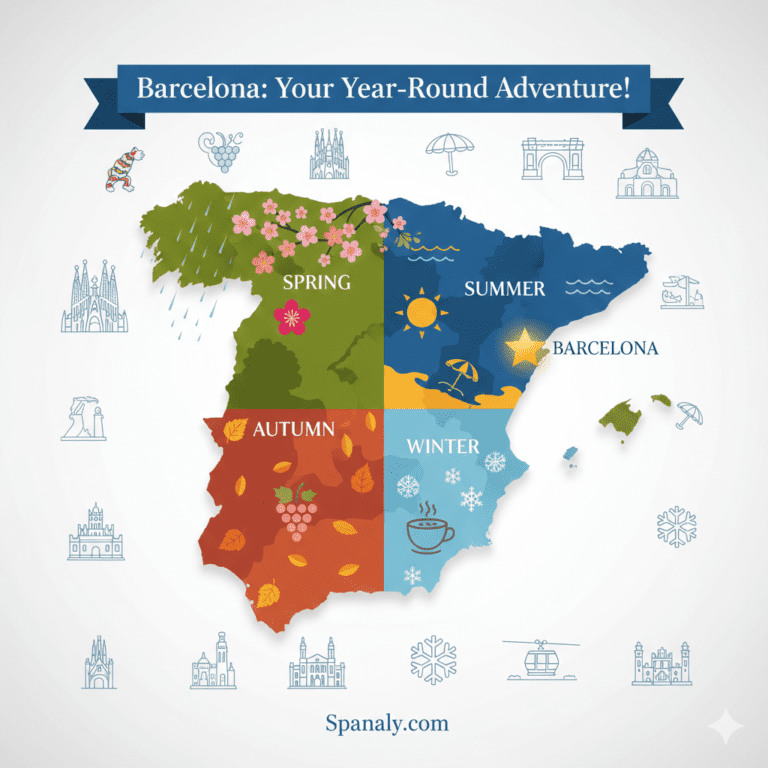 A creative infographic map of Spain for 2026, with Barcelona clearly marked by a star. The map is divided into four seasonal themes (Spring, Summer, Autumn, Winter) and surrounded by elegant sketches of Barcelona's top landmarks like Sagrada Família and Park Güell, featuring the Spanaly.com logo.