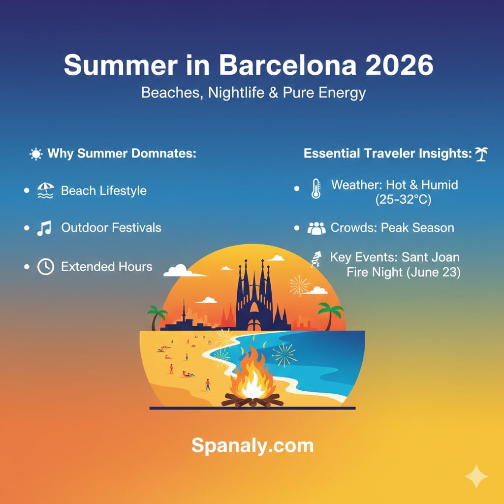 A vibrant infographic of Summer in Barcelona 2026, highlighting beach lifestyle, outdoor festivals like Sant Joan, and peak season travel tips for a global audience.