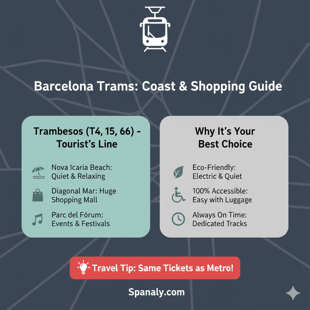 Barcelona 2026 tram guide infographic highlighting coastal routes, accessibility, and eco-friendly travel by Spanaly.