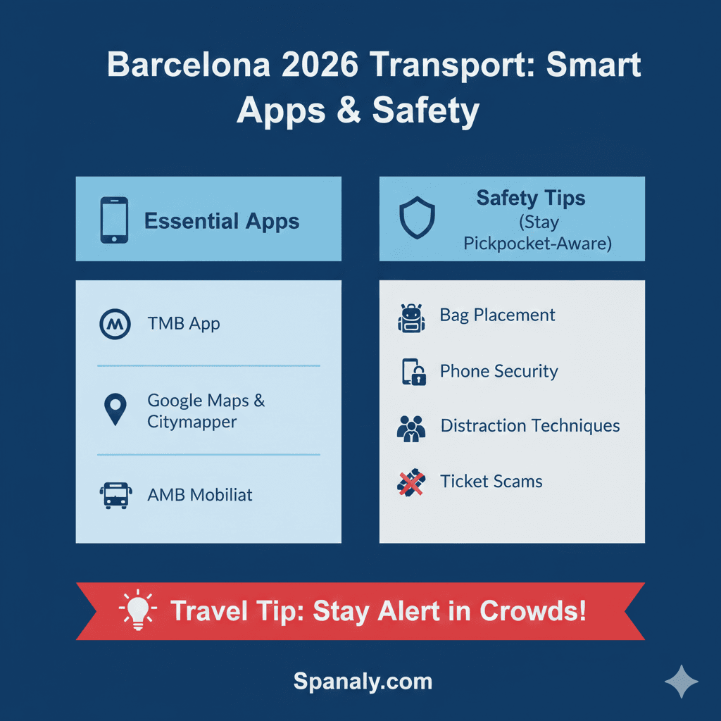 Barcelona 2026 transport guide infographic showing essential apps like TMB and safety tips for tourists by Spanaly.
