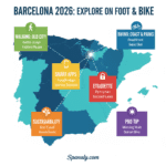A featured infographic map of Spain highlighting Barcelona with travel elements for walking, biking, smart apps, and sustainability for 2026 by Spanaly.