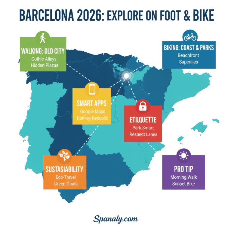 A featured infographic map of Spain highlighting Barcelona with travel elements for walking, biking, smart apps, and sustainability for 2026 by Spanaly.