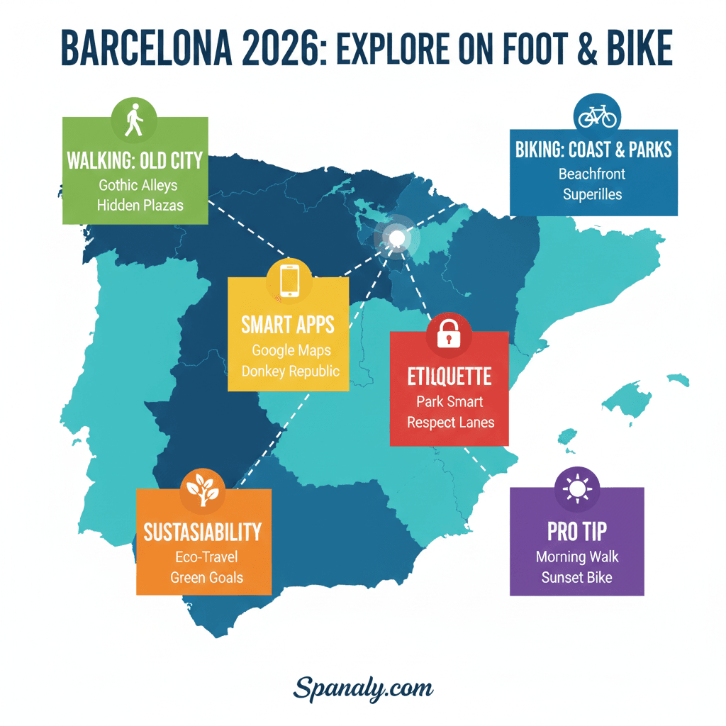 A featured infographic map of Spain highlighting Barcelona with travel elements for walking, biking, smart apps, and sustainability for 2026 by Spanaly.