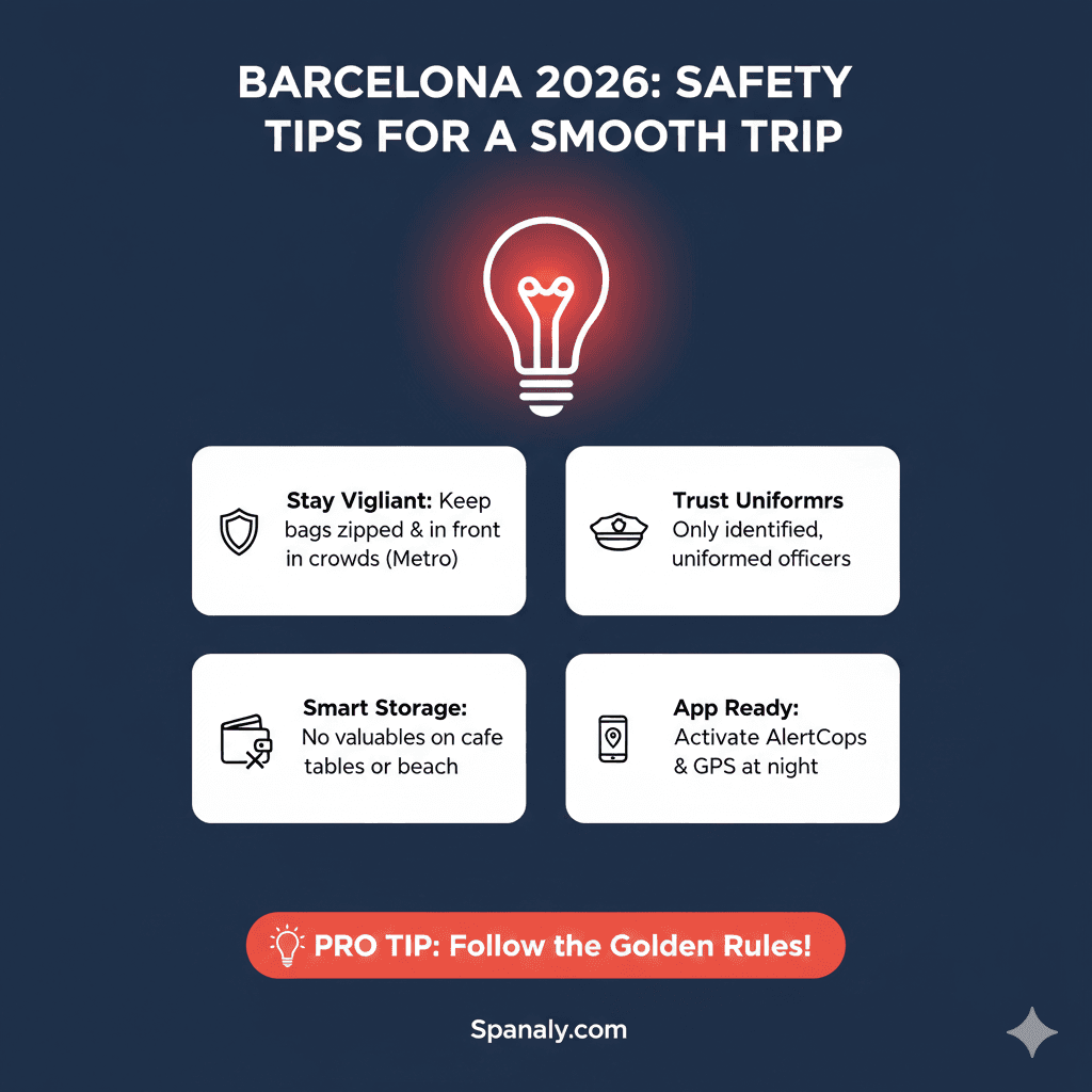 A visual guide to Barcelona 2026 safety tips, featuring golden rules like staying vigilant in the Metro, smart storage for valuables, trusting only uniformed officers, and having safety apps ready by Spanaly.