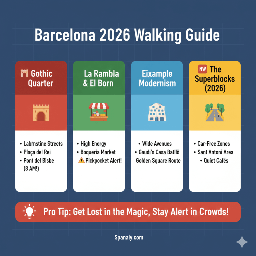 A Barcelona 2026 walking guide infographic highlighting the Gothic Quarter, La Rambla, Eixample Modernism, and the new Superblocks by Spanaly.