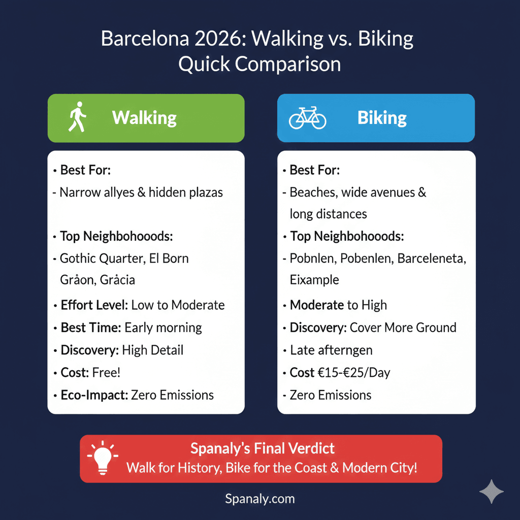 A comparison infographic between walking and biking in Barcelona for 2026, showing the best neighborhoods, effort levels, costs, and Spanaly’s final verdict for travelers.