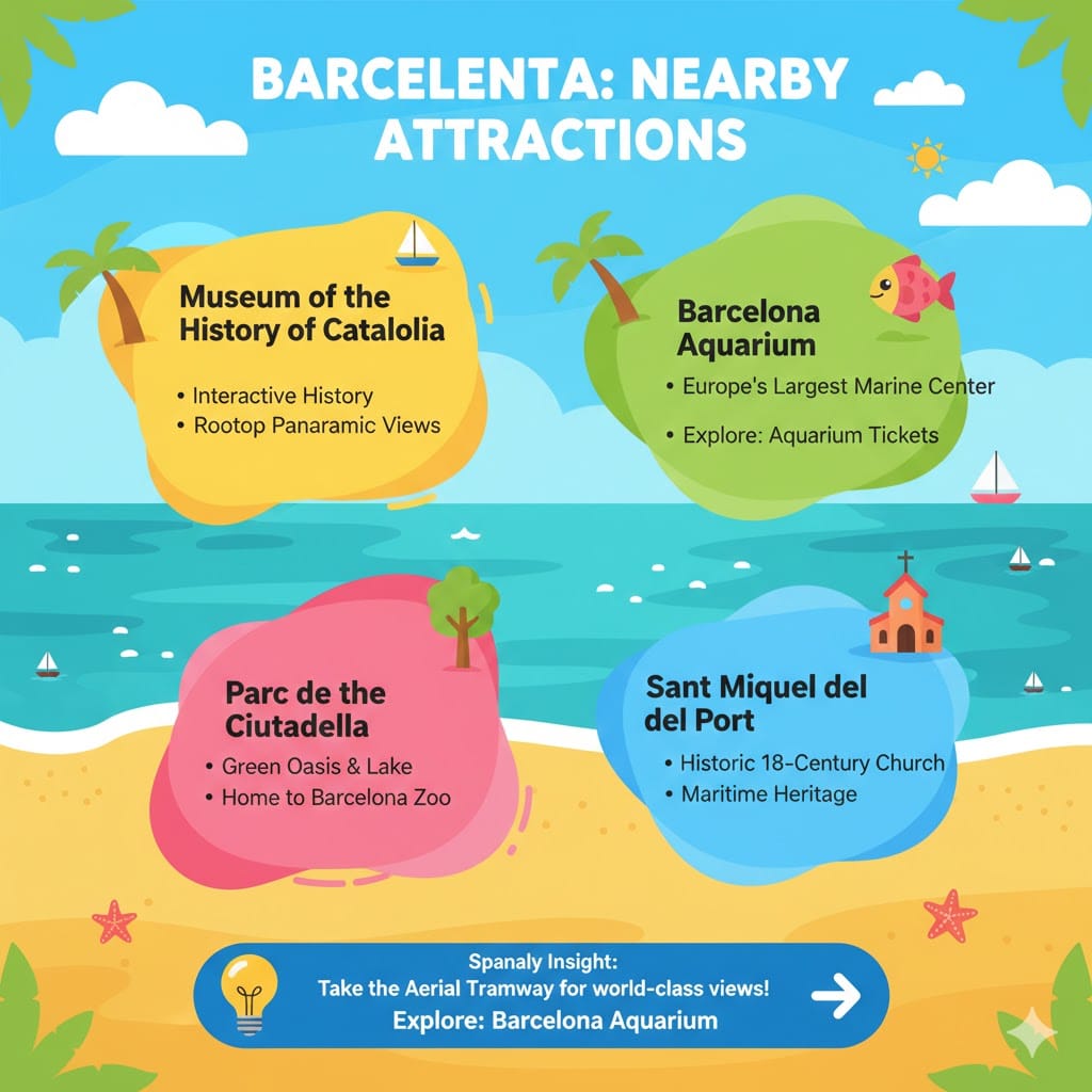 Infographic by Spanaly showing nearby attractions to Barceloneta Beach, including Barcelona Aquarium, Museum of the History of Catalonia, Parc de la Ciutadella, and Sant Miquel del Port.