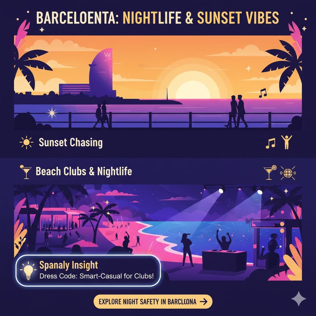 Vibrant neon infographic by Spanaly showing sunset views at the W Hotel and the lively beach clubs of Barceloneta, featuring tips on dress codes and nightlife safety.