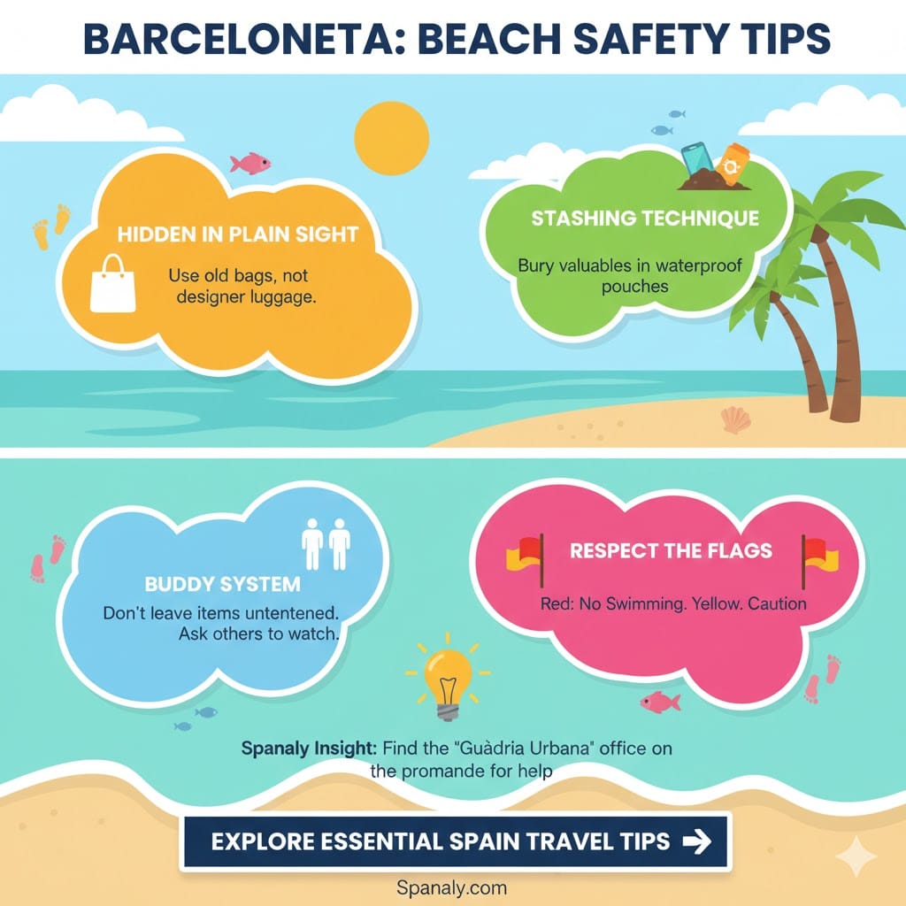 A clear safety infographic by Spanaly for Barceloneta Beach, featuring tips like the stashing technique, the buddy system, respecting sea flags, and using discreet bags to prevent theft.