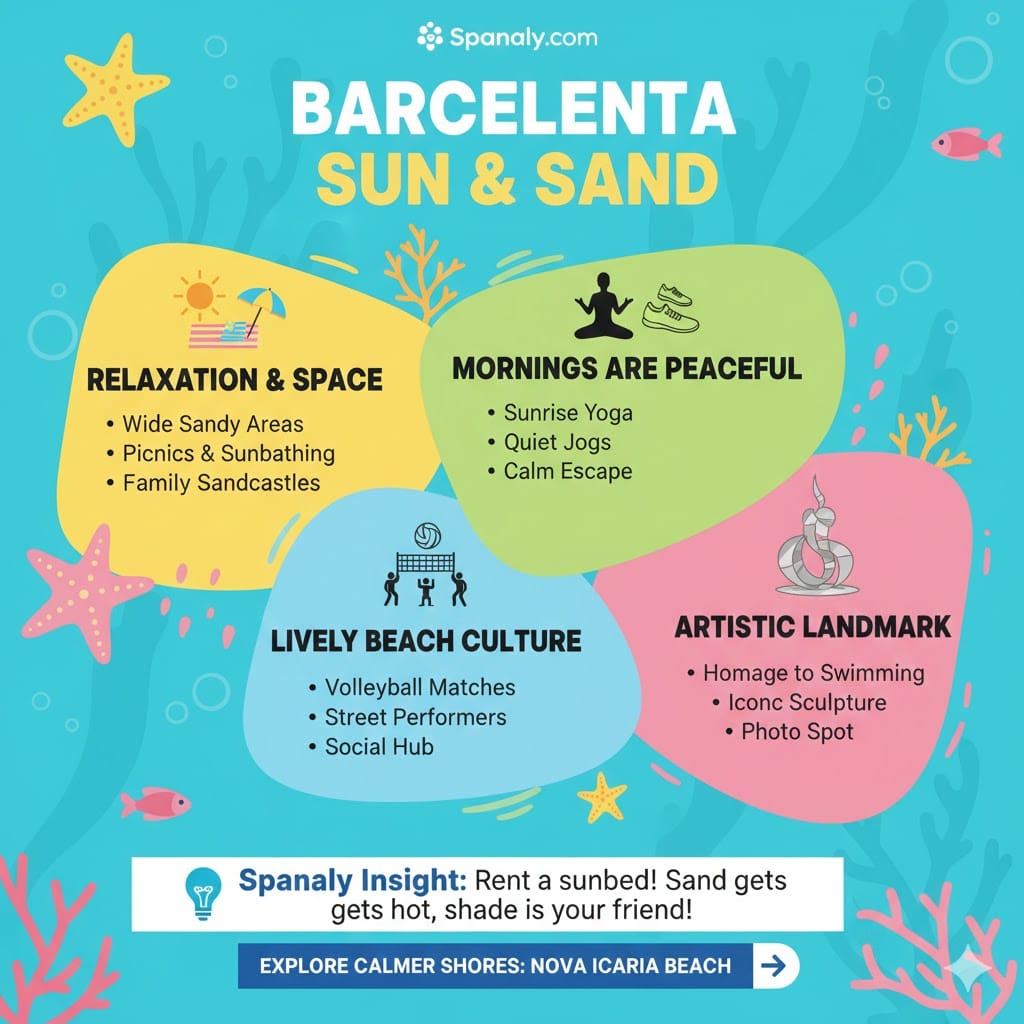 Infographic by Spanaly about relaxation at Barceloneta Beach, highlighting wide sandy areas for families, peaceful morning yoga, lively beach culture with volleyball, and the iconic Homage to Swimming sculpture.