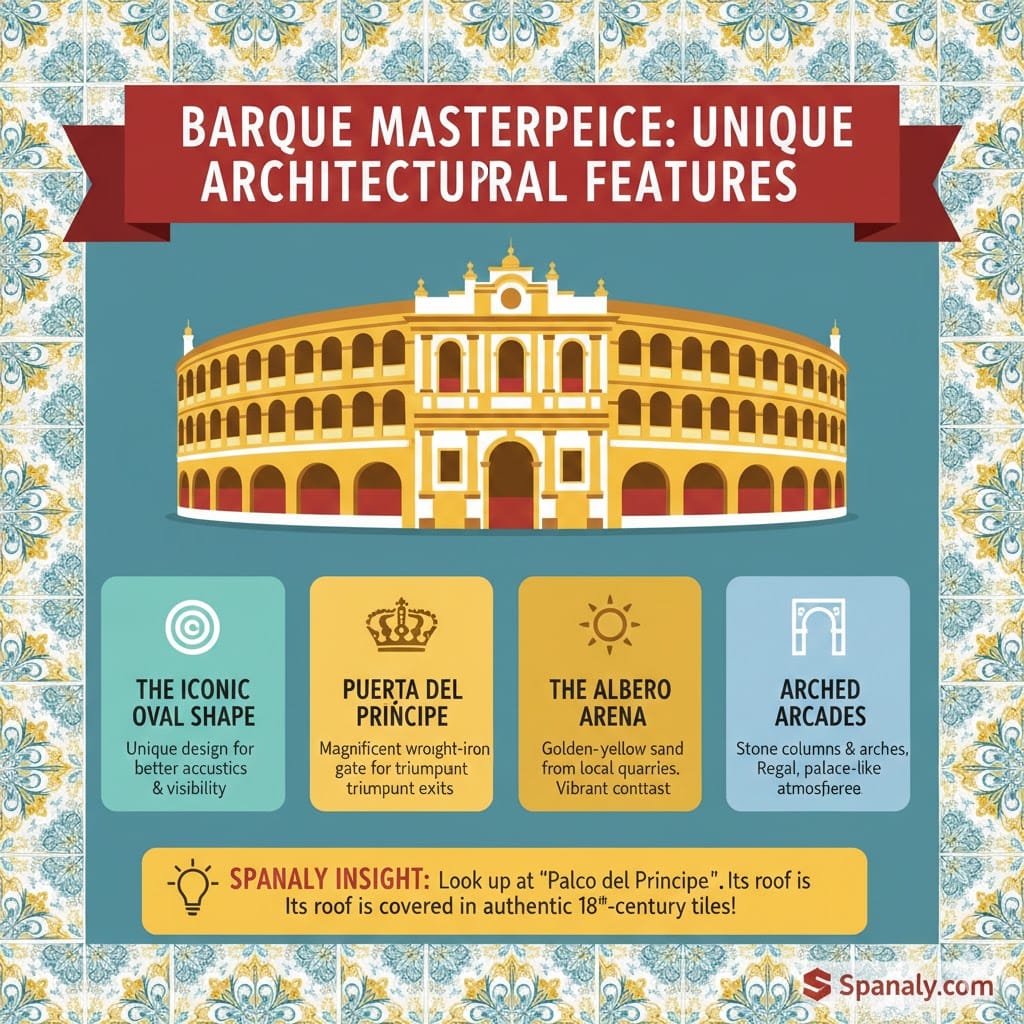 An architectural infographic of the Real Maestranza Bullring in Seville, highlighting its unique oval shape, the Prince's Gate, the golden albero sand arena, and the regal arched arcades, with a Spanaly insight about the royal box tiles.