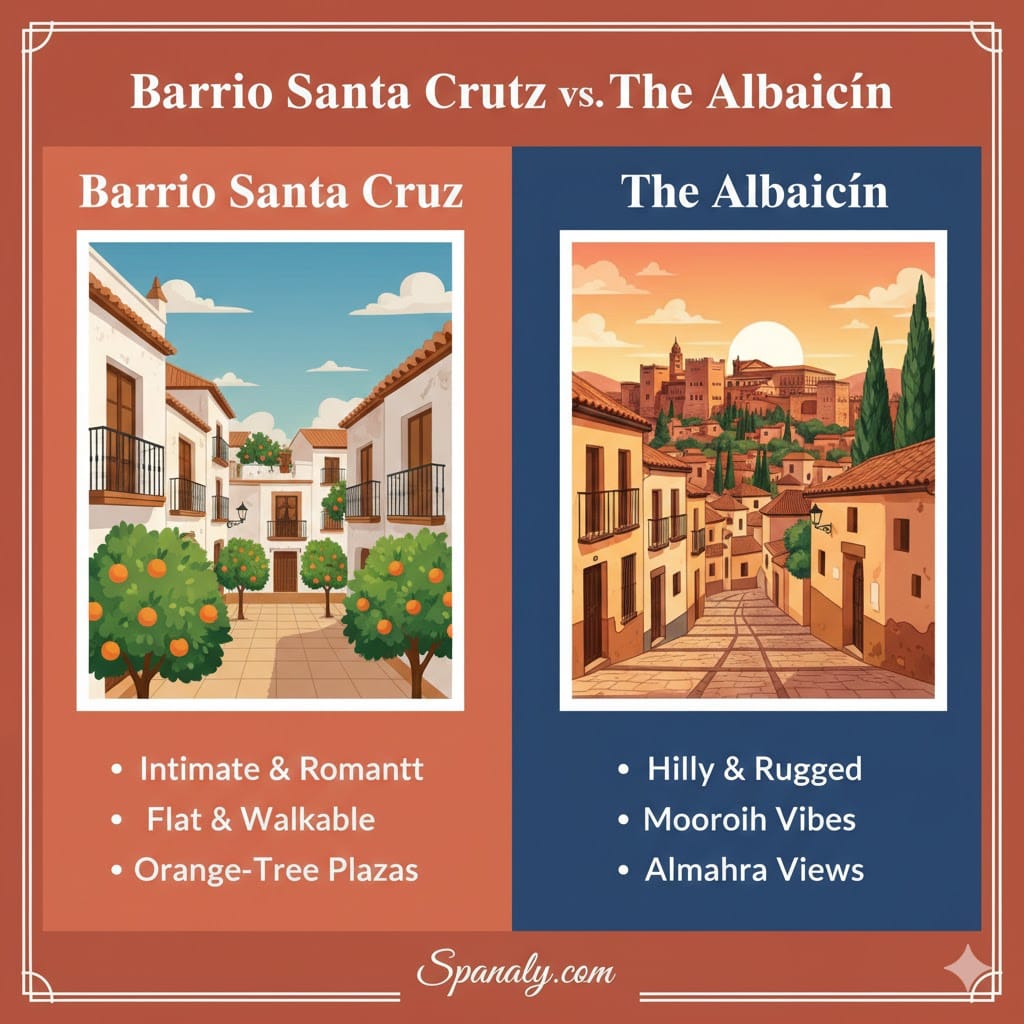 A colorful comparison infographic between Barrio Santa Cruz in Seville and The Albaicín in Granada. The left side shows Seville's flat streets with orange trees and white houses. The right side shows Granada's hilly Moorish streets with a view of the Alhambra at sunset. Features key traits for each neighborhood. Created by Spanaly.com.
