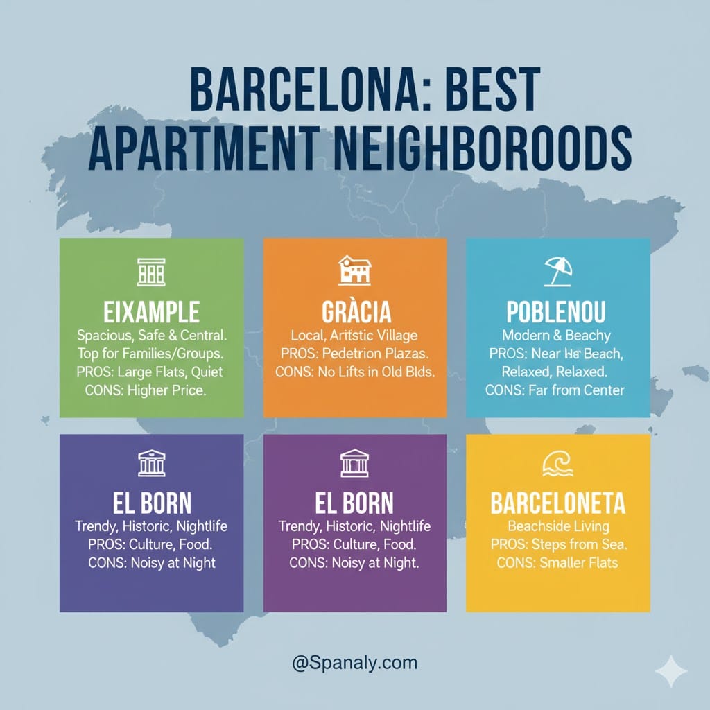 Infographic showing the benefits of renting an Airbnb in Barcelona for families and groups, featuring a map of Spain background and key advantages like local experience, space, and Spanish cuisine by Spanaly.com.