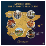 A comprehensive 2026 Madrid stay guide main infographic featuring a golden map of Spain with circular highlights for luxury stays, budget options, romantic getaways, family adventures, and metro connectivity, branded for Spanaly.com.