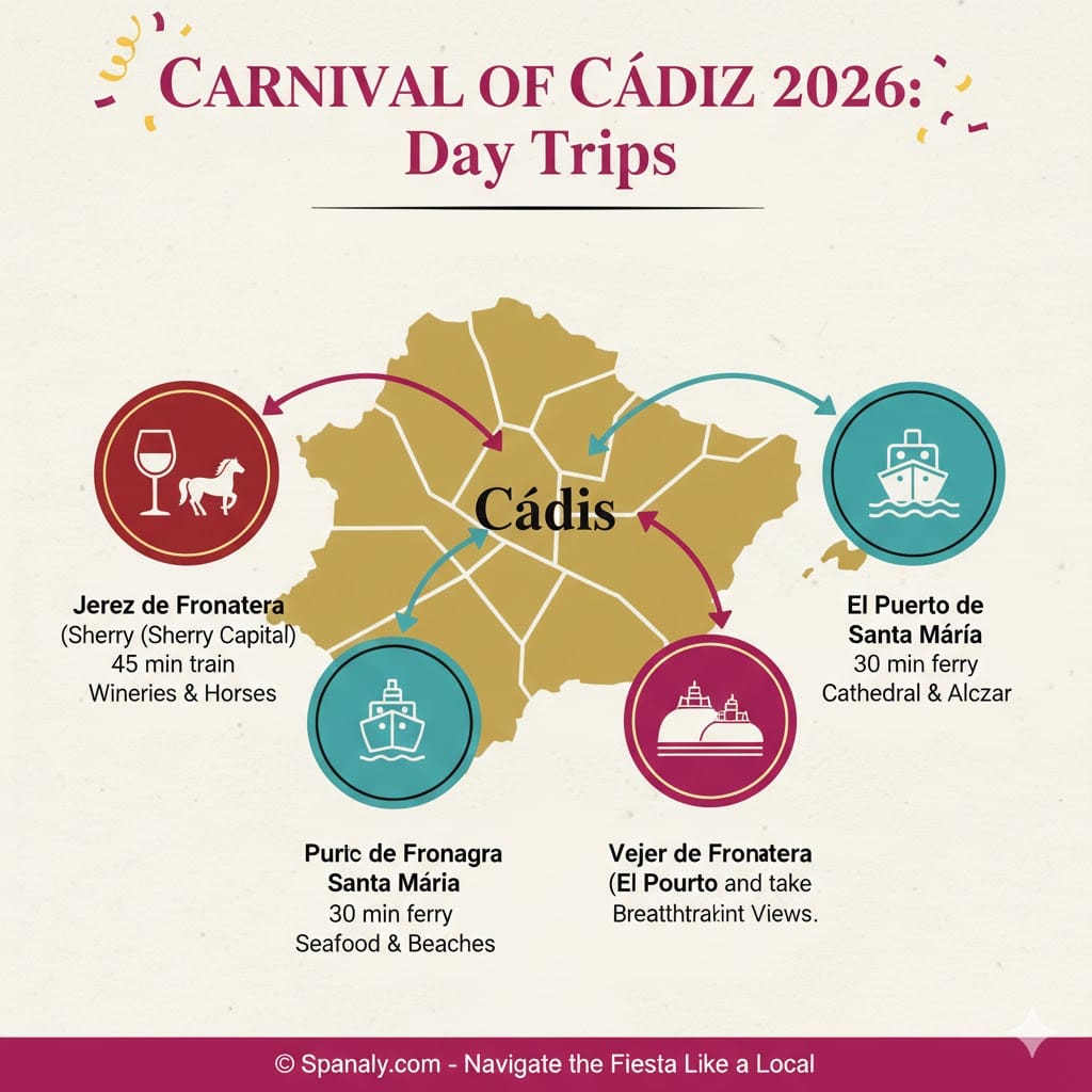A map-based infographic showing the best day trips from Cádiz, including Jerez de la Frontera, El Puerto de Santa María, Vejer, and Seville with travel times.