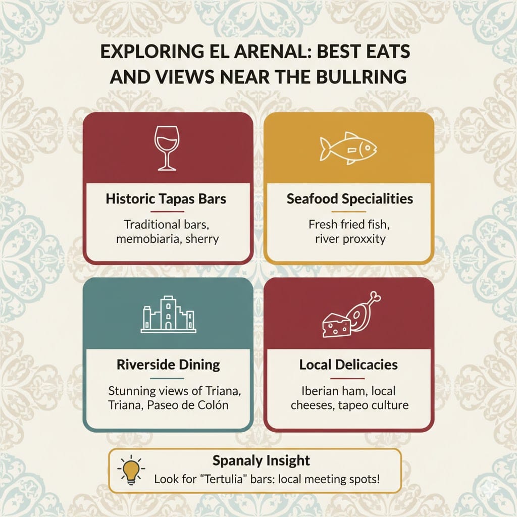A colorful infographic titled Exploring El Arenal: Best Eats and Views Near the Bullring, featuring sections on historic tapas bars, seafood specialties, riverside dining, and local delicacies like Iberian ham and cheese.