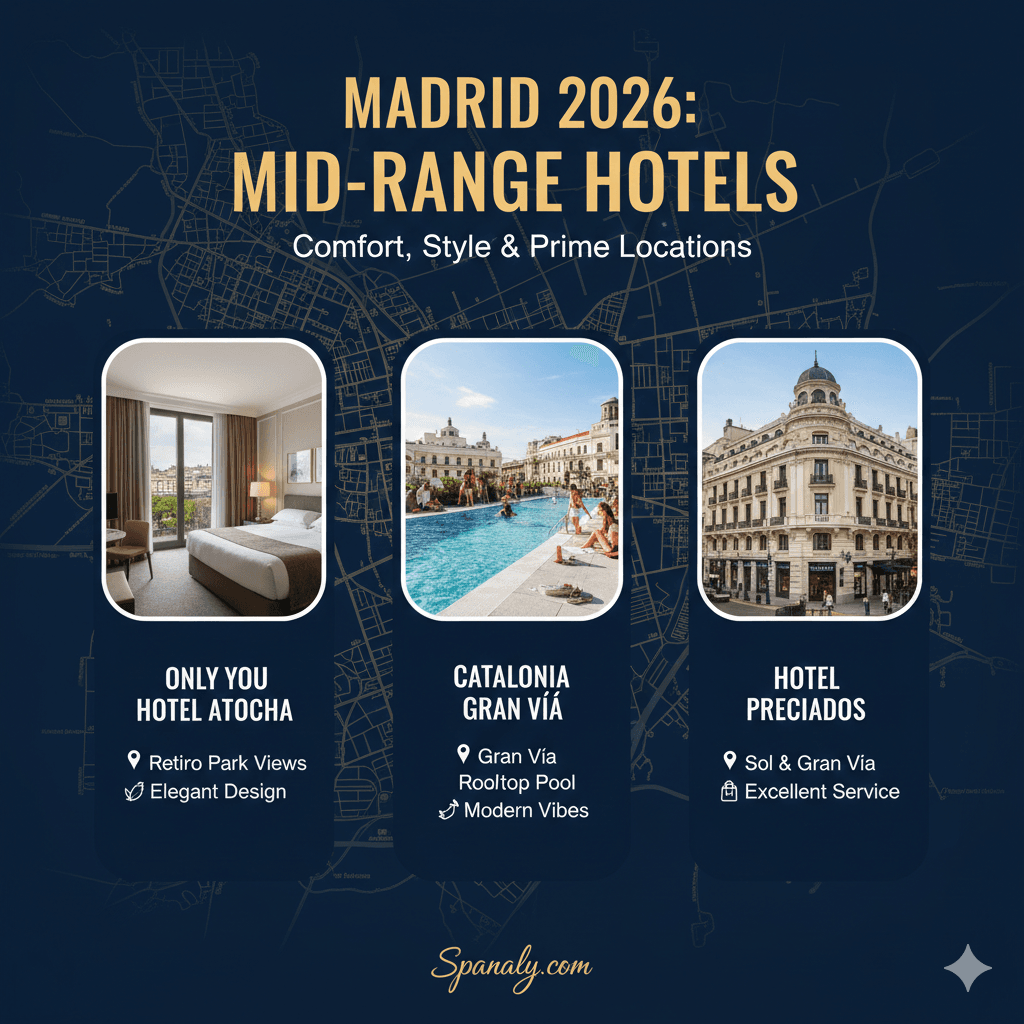 A professional 2026 infographic for Madrid mid-range hotels featuring Only YOU Hotel Atocha, Catalonia Gran Vía, and Hotel Preciados with key highlights like rooftop pools and prime locations.