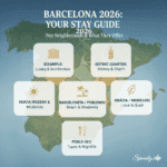 A professional 2026 cover infographic for staying in Barcelona, featuring a map of Spain and key districts: Eixample for luxury, Gothic Quarter for history, Barceloneta for beaches, Gràcia for local life, and Poble-sec for tapas.