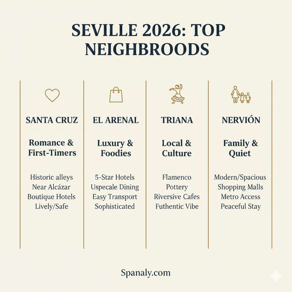 A comparison infographic of Seville neighborhoods for 2026: Santa Cruz for romance, El Arenal for luxury, Triana for local culture, and Nervión for families by Spanaly.