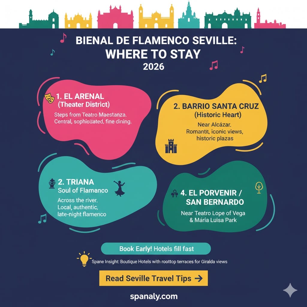 An infographic by Spanaly recommending the best neighborhoods to stay in Seville during the Bienal de Flamenco 2026, including El Arenal, Barrio Santa Cruz, Triana, and El Porvenir.