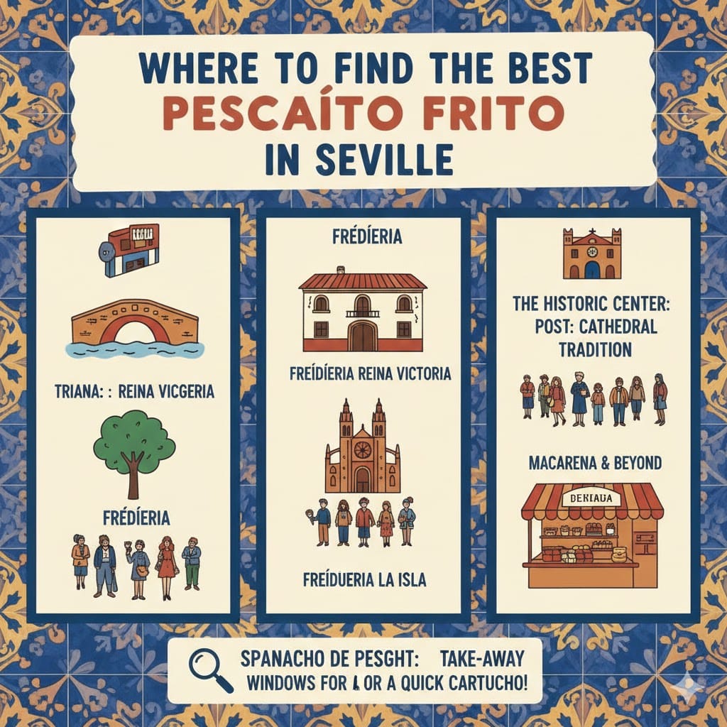 An infographic guide to the best Pescaito Frito locations in Seville, featuring Triana (Reina Victoria), the Historic Center (Freiduria La Isla), and Macarena, with a tip about take-away windows.