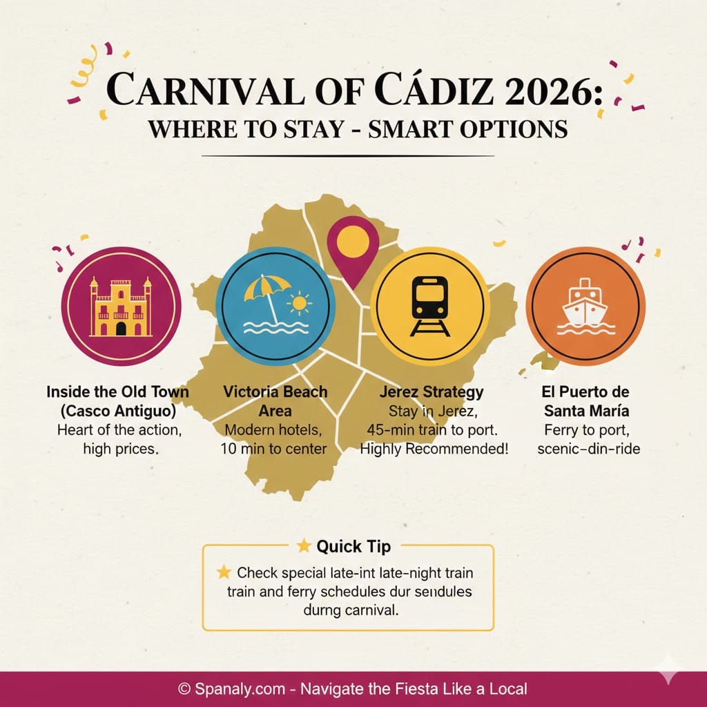 Infographic showing smart accommodation options for Cádiz Carnival 2026, including the Old Town, Victoria Beach, Jerez de la Frontera, and El Puerto de Santa María.