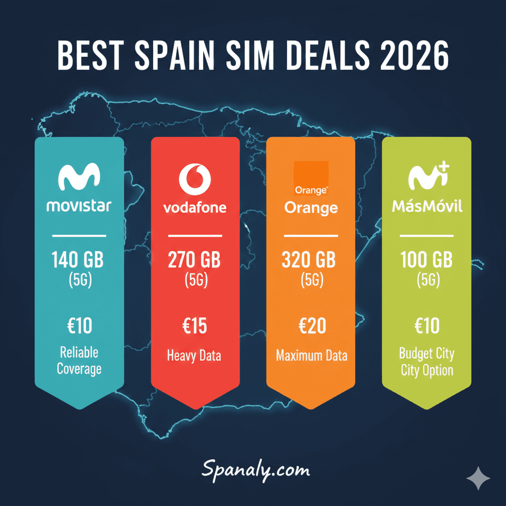 A 2026 comparison infographic showing the best prepaid SIM card deals in Spain from Movistar, Vodafone, Orange, and MásMóvil, featuring data allowances up to 320GB and prices starting from 10 Euros, with Spanaly.com branding.
