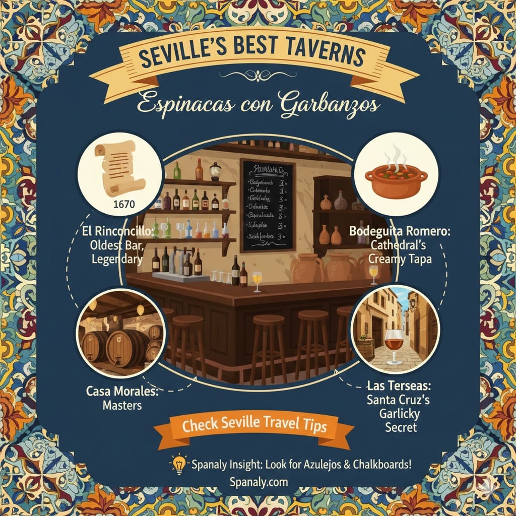 An artistic infographic showcasing Seville’s best taverns for Espinacas con Garbanzos, including El Rinconcillo, Bodeguita Romero, Casa Morales, and Las Teresas, with travel tips by Spanaly.com.