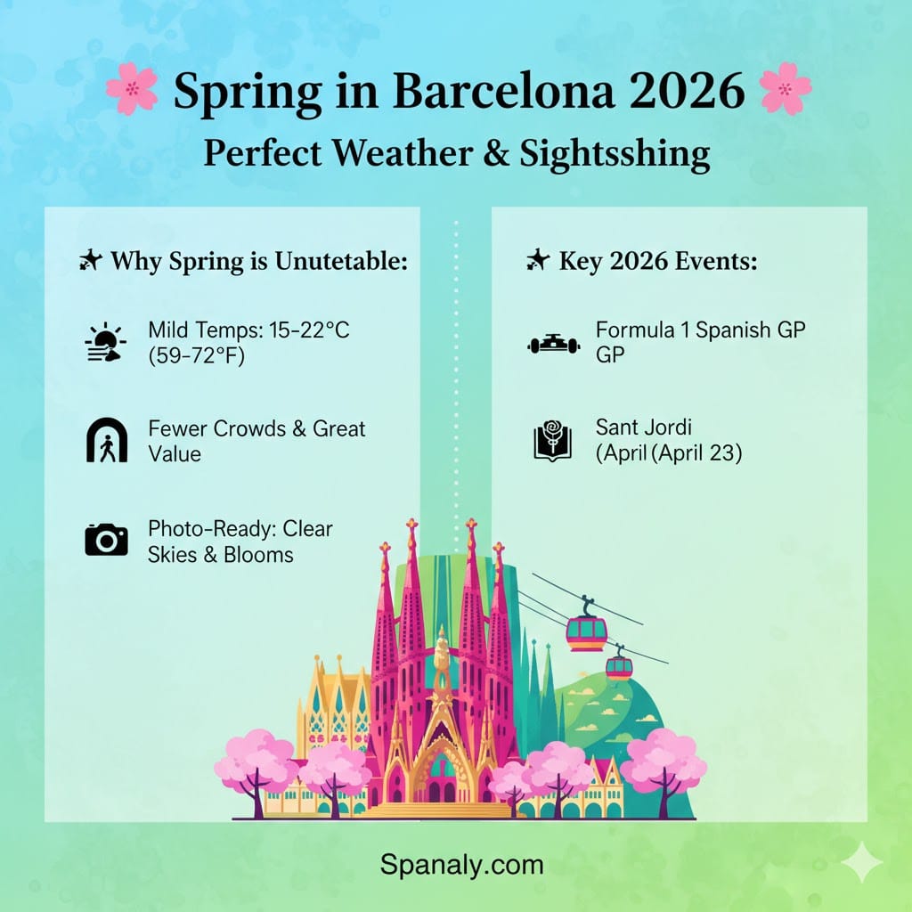 Infographic showing the benefits of visiting Barcelona in Spring 2026, including mild weather, fewer crowds, and key events like Sant Jordi for US travelers.