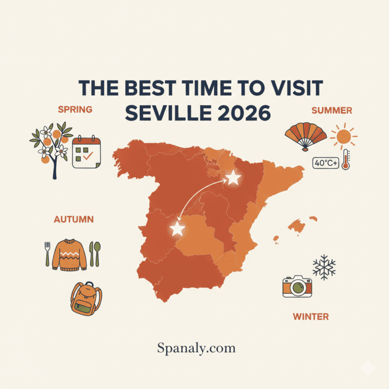 An artistic map of Spain highlighting Seville with seasonal travel icons for 2026, featuring symbols for spring festivals, summer heat, autumn food tours, and winter photography by Spanaly.