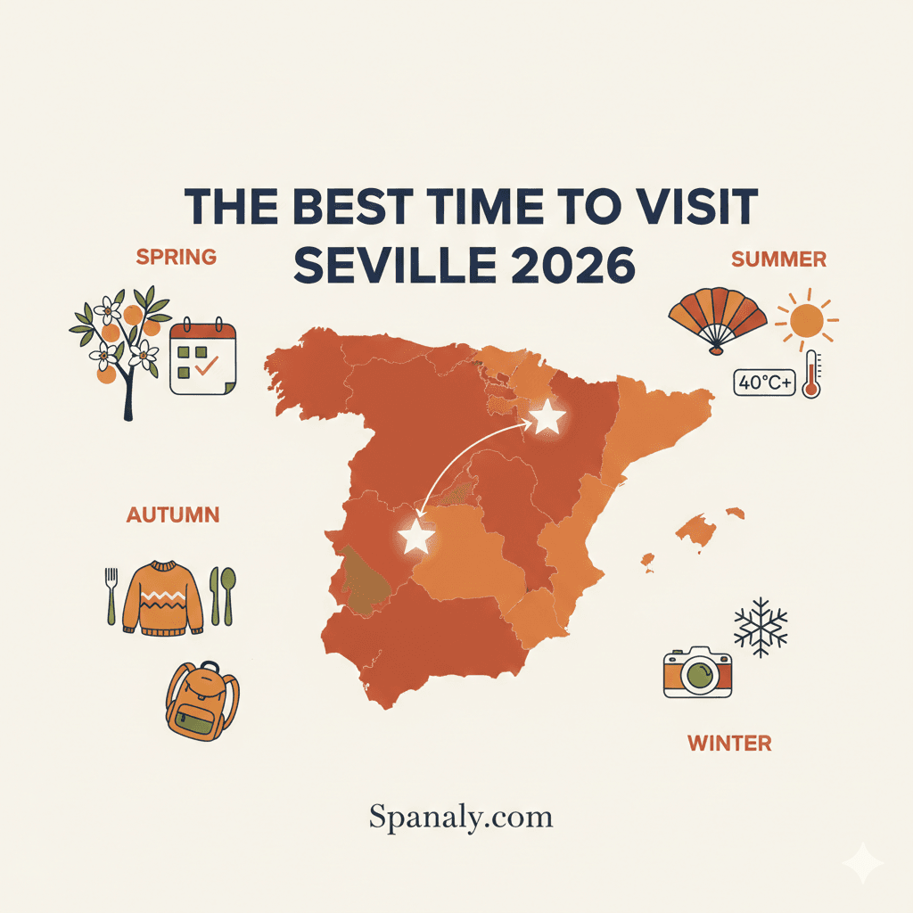 An artistic map of Spain highlighting Seville with seasonal travel icons for 2026, featuring symbols for spring festivals, summer heat, autumn food tours, and winter photography by Spanaly.
