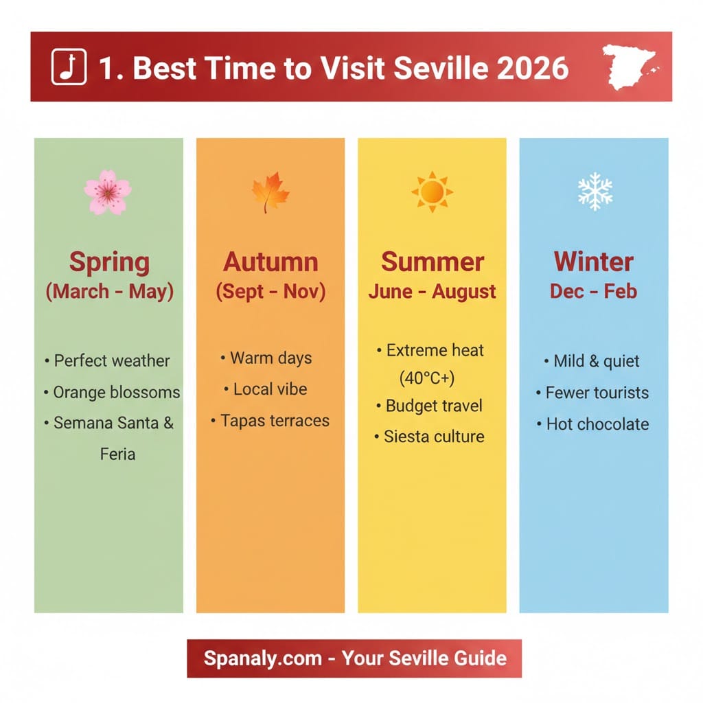 Infographic showing the best time to visit Seville with a map of Spain, highlighting four seasons: Spring orange blossoms, hot Summer, mild Autumn, and quiet Winter in Andalusia.