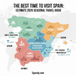 A professional 2026 travel infographic of Spain featuring a color-coded regional map with specific seasonal recommendations for North, Central, and Mediterranean areas, including Spanaly.com branding.