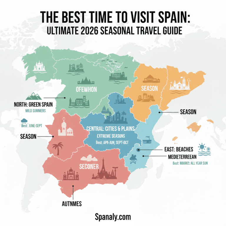 A professional 2026 travel infographic of Spain featuring a color-coded regional map with specific seasonal recommendations for North, Central, and Mediterranean areas, including Spanaly.com branding.