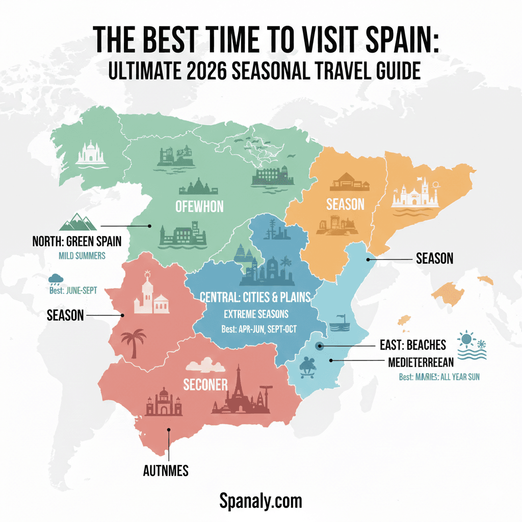 A professional 2026 travel infographic of Spain featuring a color-coded regional map with specific seasonal recommendations for North, Central, and Mediterranean areas, including Spanaly.com branding.