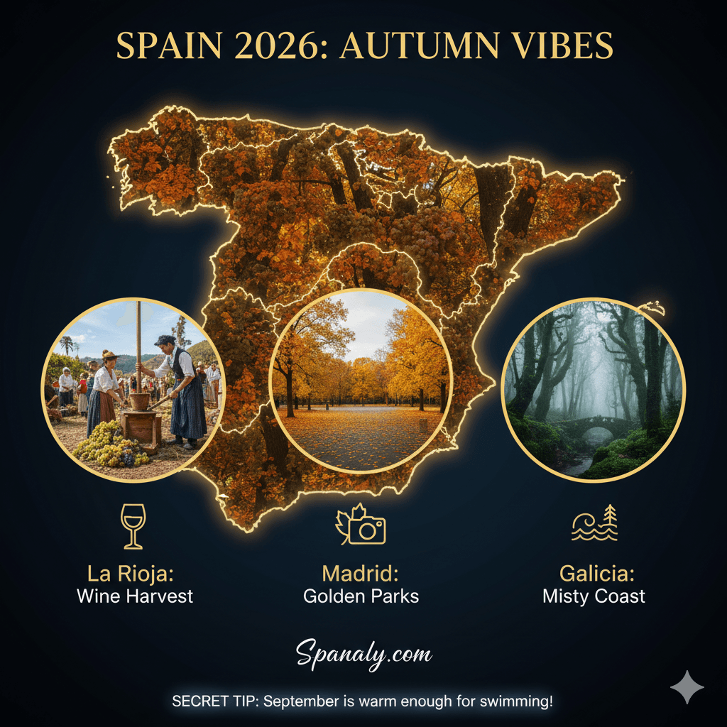 A professional 2026 autumn travel infographic for Spain featuring an orange-toned map with highlights on La Rioja wine harvest, Madrid's golden parks, and Galicia's misty coast, including a secret swimming tip for September.