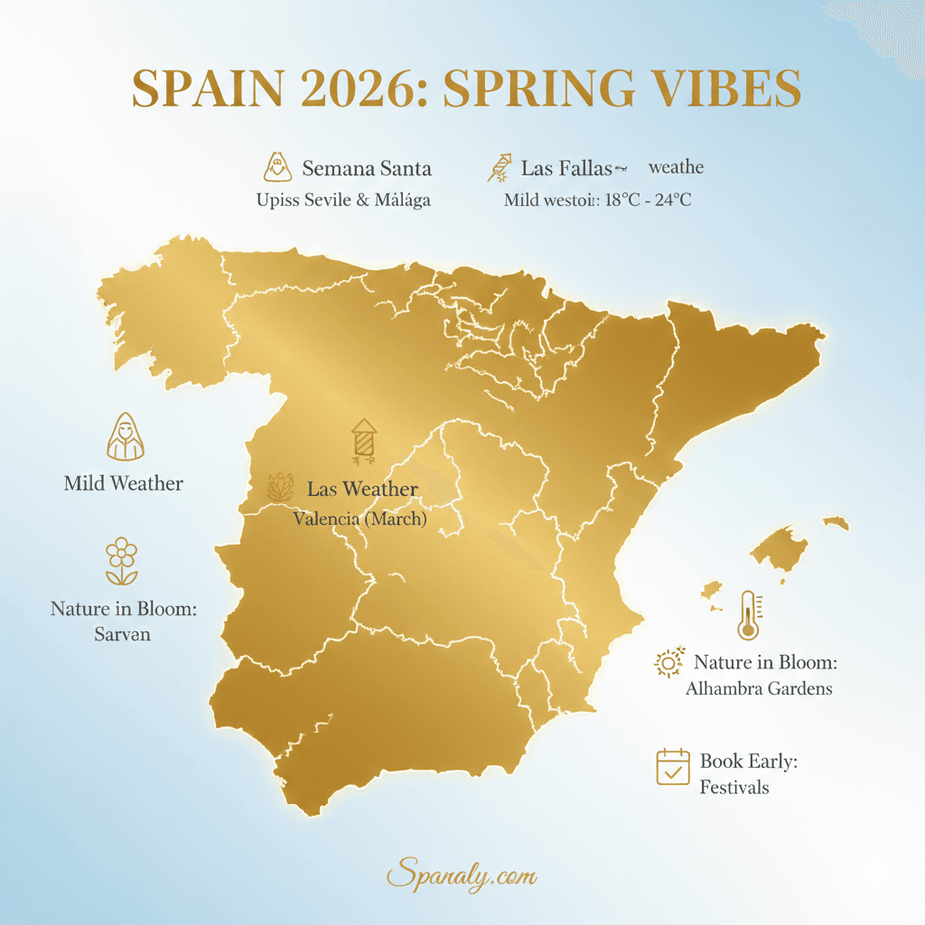 A professional 2026 spring travel infographic for Spain featuring a golden map with data on Semana Santa in Seville, Las Fallas in Valencia, and average temperatures (18°C - 24°C) for ideal sightseeing.