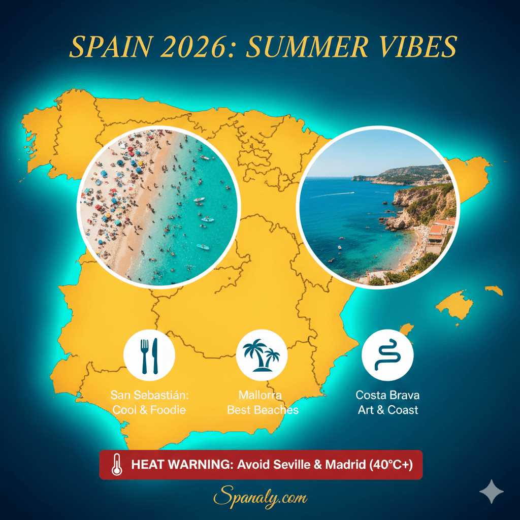 A 2026 summer travel infographic for Spain featuring a golden map with specific recommendations for San Sebastián and Mallorca, including a critical heat warning for Seville and Madrid (40°C+).