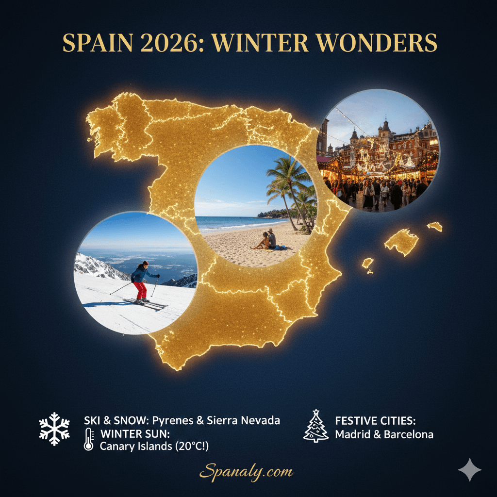 A professional 2026 winter travel infographic for Spain featuring a golden map with highlights on skiing in Sierra Nevada, winter sun in the Canary Islands (20°C), and festive Christmas markets in Madrid.