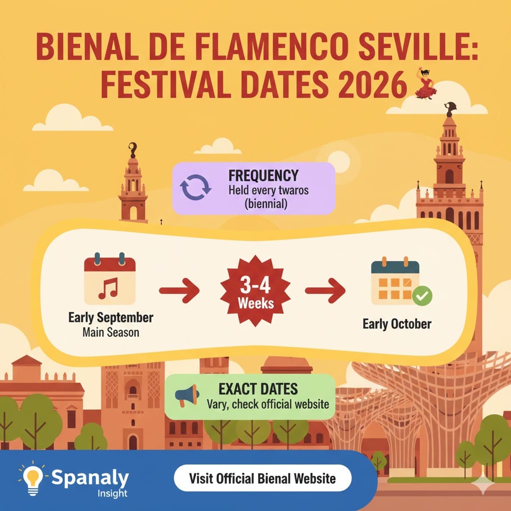 An informative 2026 schedule infographic for the Bienal de Flamenco in Seville by Spanaly, showing the festival frequency, main season from September to October, and tips for early booking.