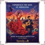 An artistic illustration of the Bienal de Flamenco Seville 2026 by Spanaly, featuring a flamenco dancer in a red dress, a guitar player, and Seville's landmarks like the Giralda and Plaza de Toros under a vibrant sunset.