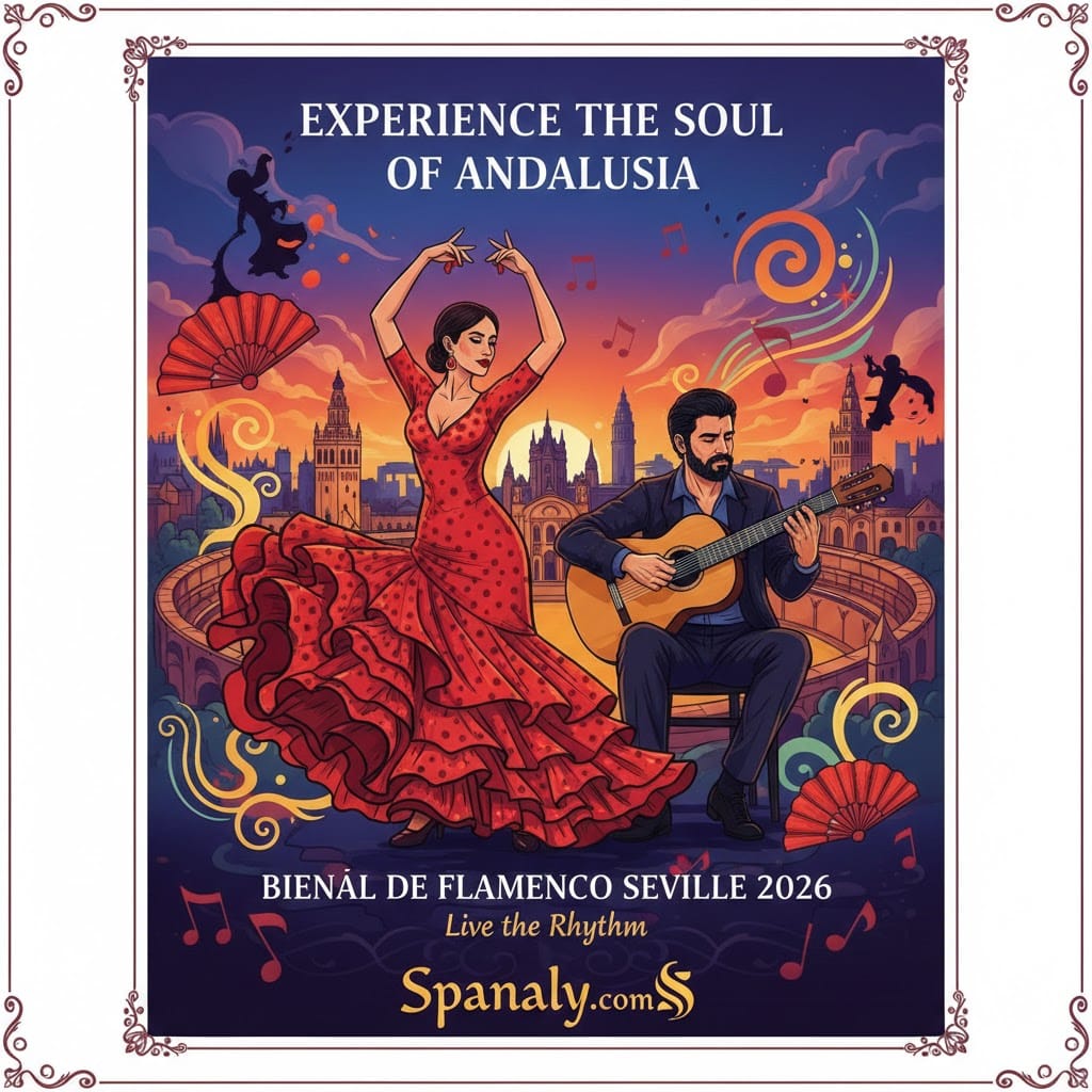 An artistic illustration of the Bienal de Flamenco Seville 2026 by Spanaly, featuring a flamenco dancer in a red dress, a guitar player, and Seville's landmarks like the Giralda and Plaza de Toros under a vibrant sunset.
