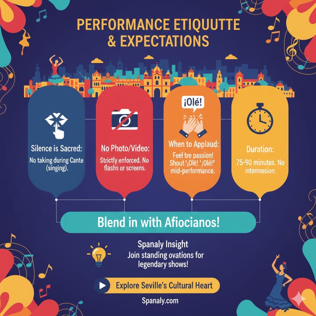 An infographic by Spanaly outlining performance etiquette for the Bienal de Flamenco in Seville, including rules on silence, no photography, when to applaud with 'Olé', and typical show durations.